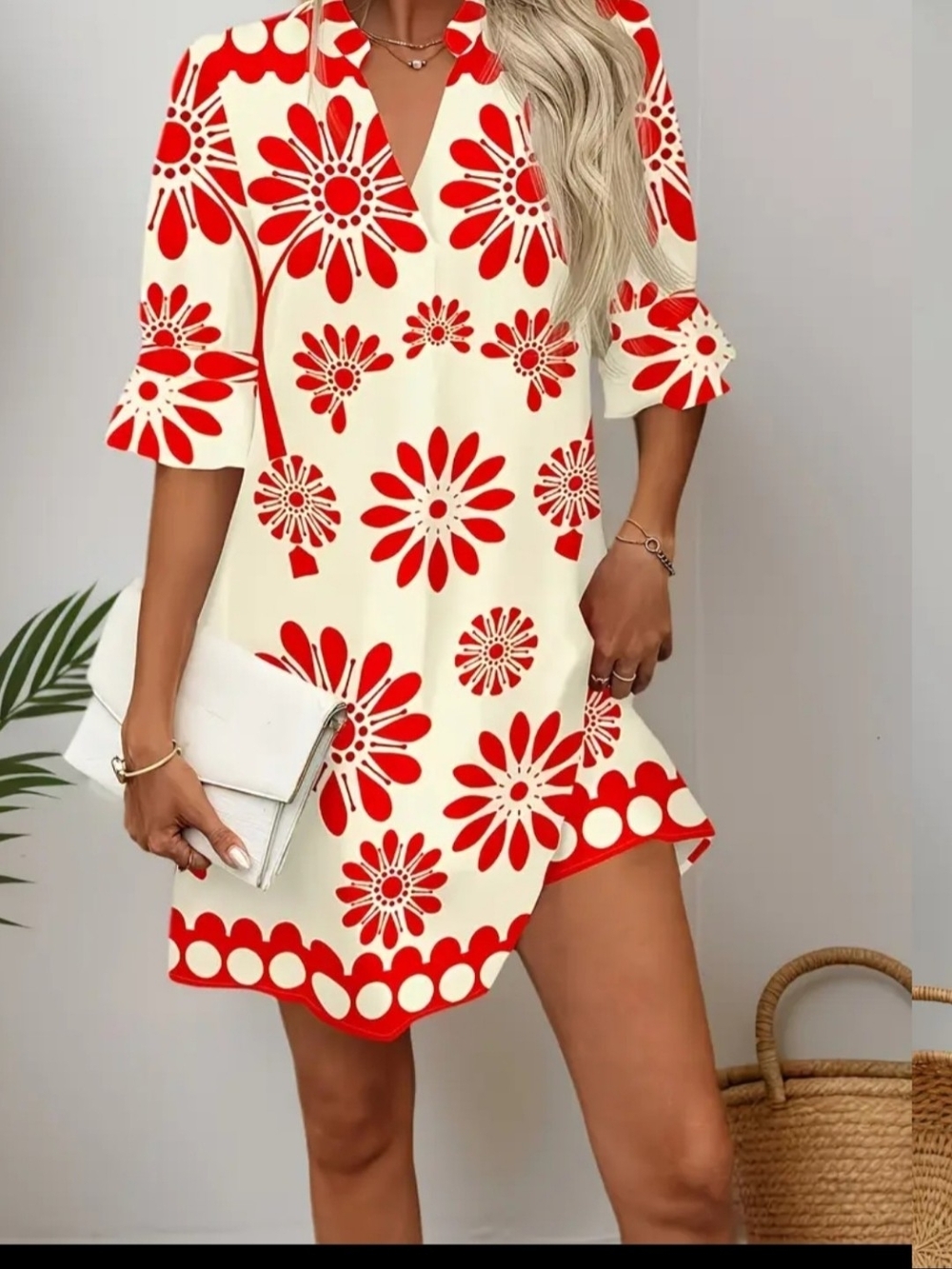 Cream Mini Dress with Orange Floral Print